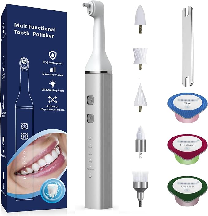 Tooth Polisher and Plaque Remover, Teeth Cleaning Tools for Cleaning and Polishing of Tooth, Dental Cleaning Tools for Brighten and Polish Teeth with 5 Brush Heads, 4 Speed Modes and 3 Polish Pastes
