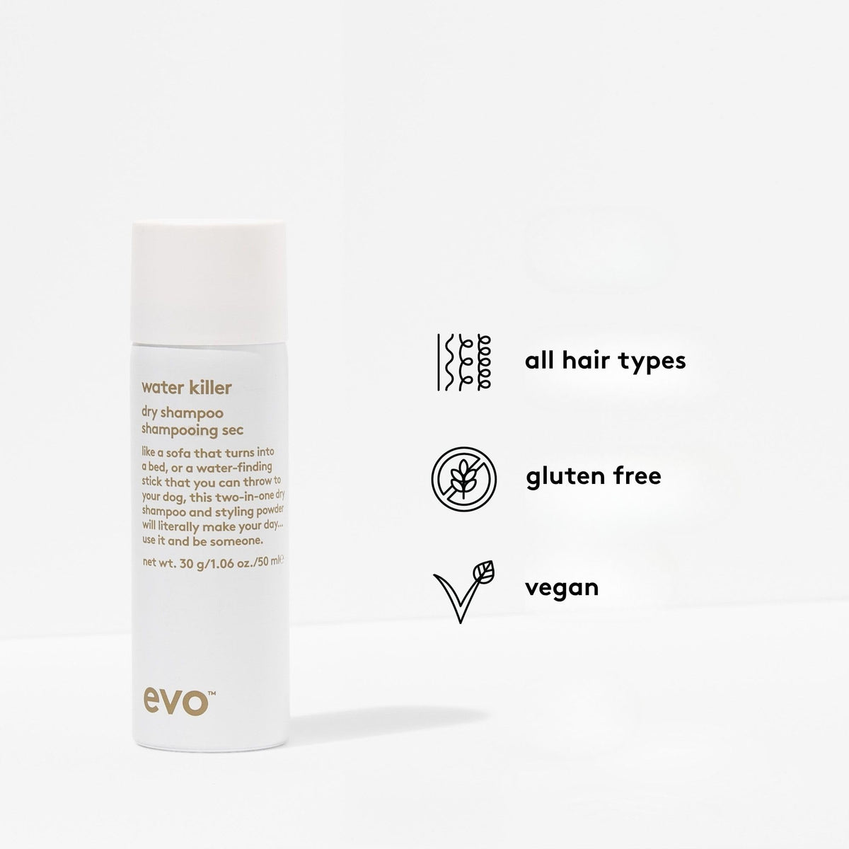 Evo Water Killer Dry Shampoo - Travel Size 2-In-1 Dry Shampoo & Styling Spray, Refresh Hair, Replace Excess Oil with Volume & Texture - 1.1oz
