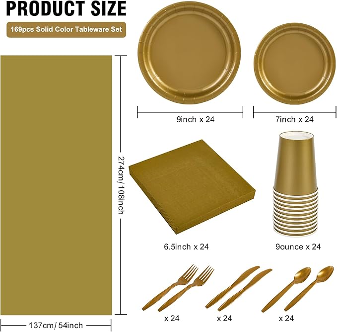 Ottin 169PCS Gold Christmas Party Supplies for 24 Guests – Disposable Paper Plates, Napkins, Cups, Forks, Knives, Spoons & Tablecloth for Birthday, Wedding, Thanksgiving, Christmas, New Year