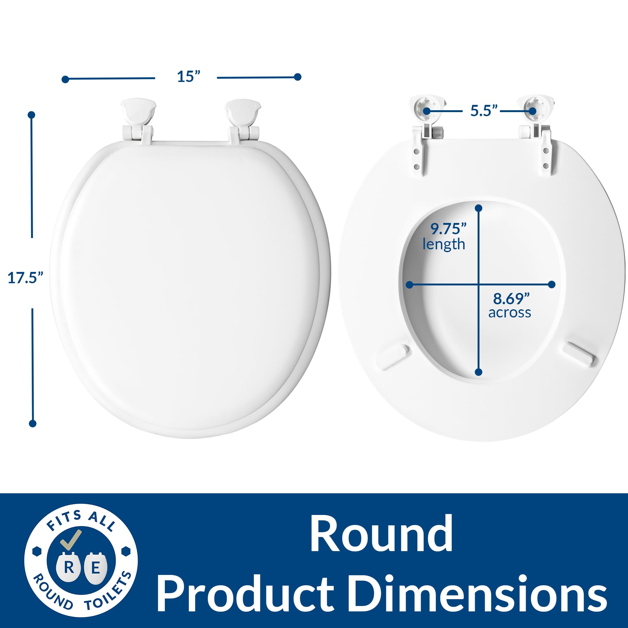 Mayfair Padded Toilet Seat, Cushioned Soft Vinyl over Wood Core Seat, Secure Hinges, Easy Clean, Made in USA, Round, White