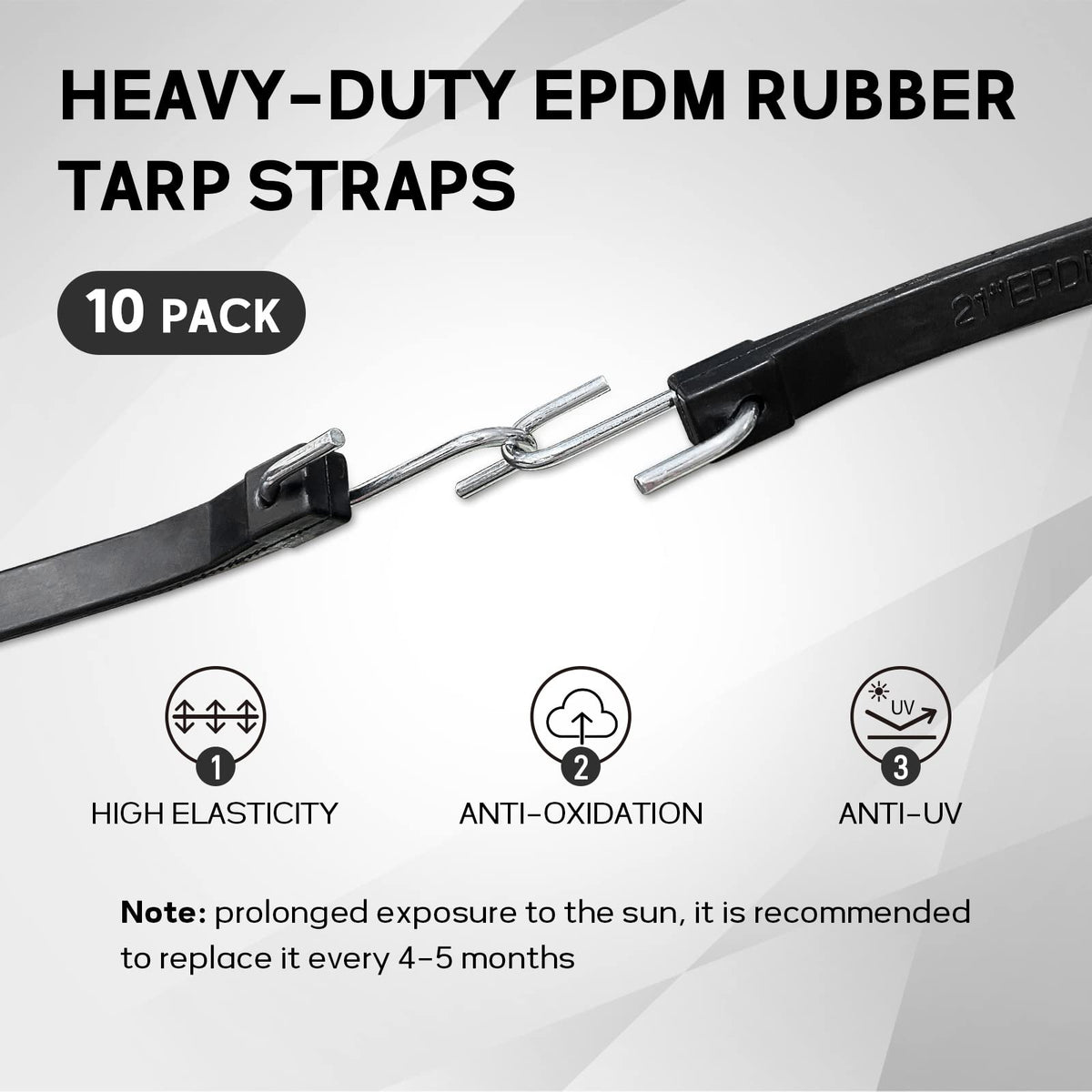 ROBLOCK 31" Rubber Tarp Straps with 150% Max Stretch, 100% EPDM Bungee Cords with Metal Crimped S Hooks, Ideal for Securing Tarps, Cargo, Canvases, Weatherproof (10 Pack)