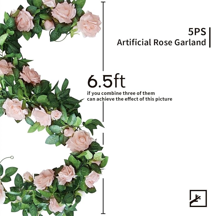 ZIFTY 5Pcs 32.5FT Pink Flower Garland Fake Rose Vines for Tea Party Mother's Day Decorations Faux Artificial Floral Garland Hanging Rose Ivy for Baby Shower Wedding Arch Ceremony Outdoor Wall Decor