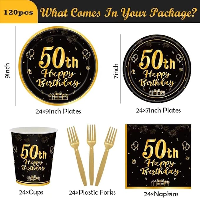120Pcs 50th Birthday Party Supplies Plates Napkins Cups Forks Tableware Set Gold Black Happy 50th Birthday Themed Disposable Tableware Decoration Serves 24 Guests for Women and Men