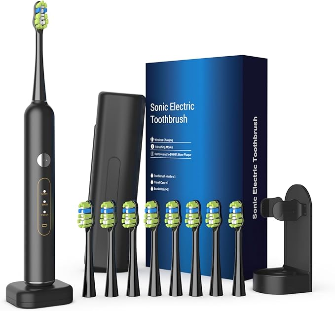 Sonic Electric Power Toothbrush for Adults & Kids,3 Deep Clean Modes IPX7 40000VPM Rechargeable Toothbrush with 8 Brush Heads, Travel Case, 2-Min Smart Timer, One Charge Last 60 Days (Black)