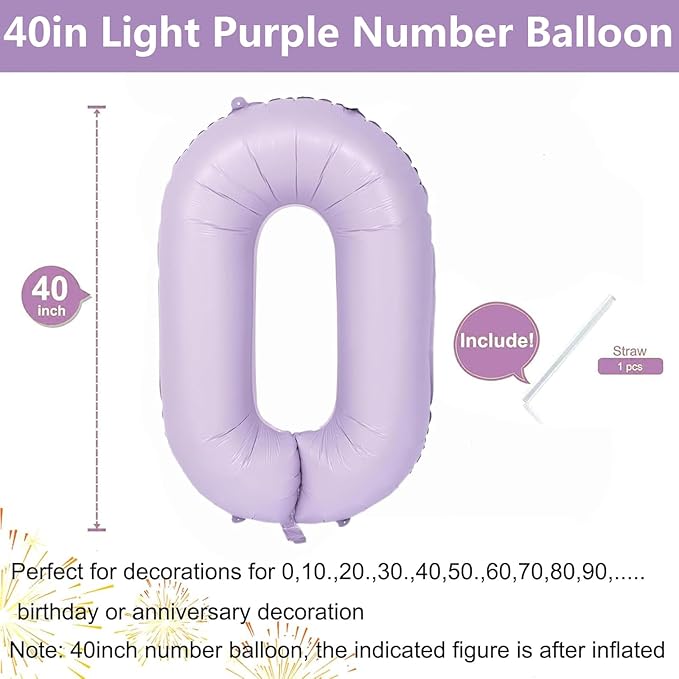 40 Inch Purple Number Balloons Light Purple 0 Balloon Matte Purple Birthday Balloons 0-9 Birthday Wedding Party digital Decorations (Number 0)