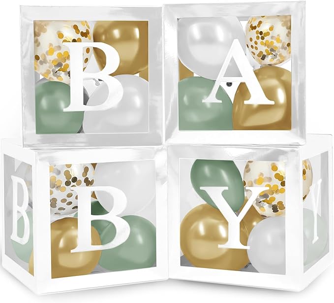 Baby Shower Boxes with Letters – White Boxes with Sage-Green, Gold, Gold Confetti, and White Balloons – 44-Piece Gender Reveal & Party Decoration Set by Vellax