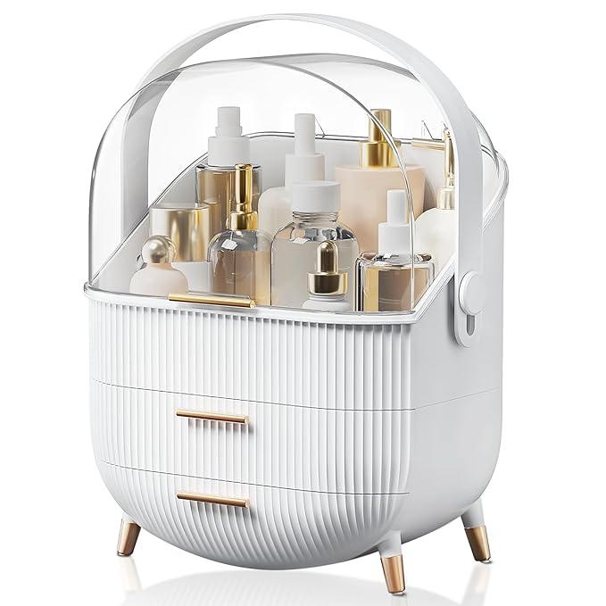 Makeup Organizers, Make Up Organizer for Vanity, Countertop Cosmetic Storage with Drawers and Transparent Cover for Bedroom Bathroom, White