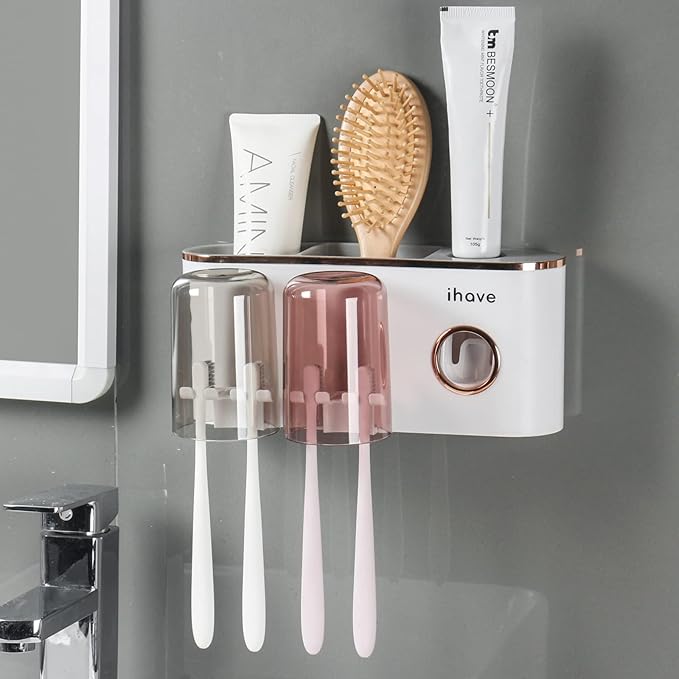 iHave Toothbrush Holders Bathroom Decor with Toothpaste Dispenser, 2 Cups Toothbrush Holder Wall Mounted Bathroom Accessories