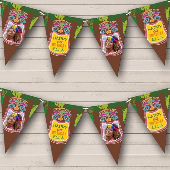 Hawaii Luau Tiki Head Photo Personalized Birthday Party Bunting - Hanging Party Decoration - Birthday Party Banner Garland | Decorative Party Supplies