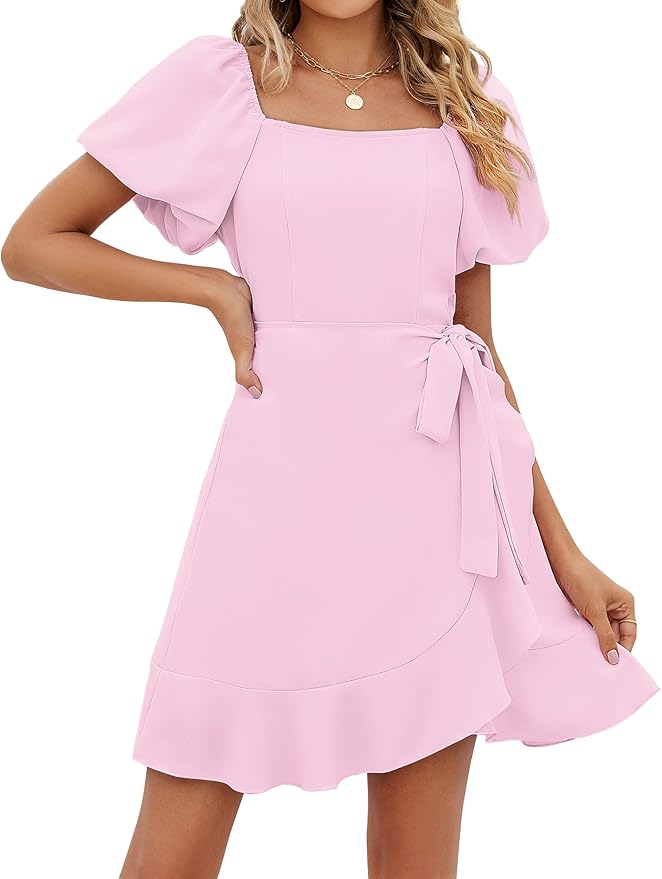 Sampeel Womens Summer Dresses Square Neck Puff Sleeve Tie Waist Short Dress