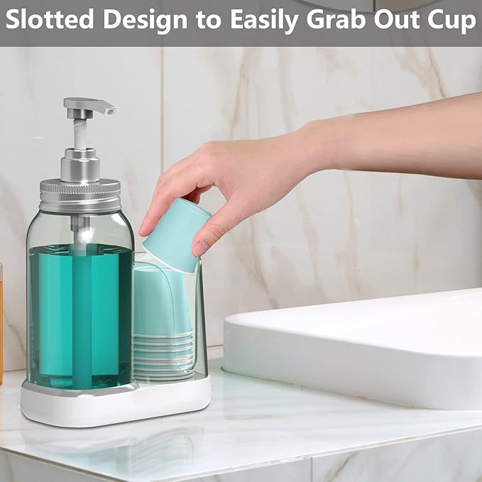 Luvan Mouthwash Dispenser for Bathroom, 25oz Mouthwash Pump Bottle with Cup Holder, Refillable Clear Blue Mouth Wash Container for All Age Groups, Large Capacity Bathroom Mouthwash Holder Set