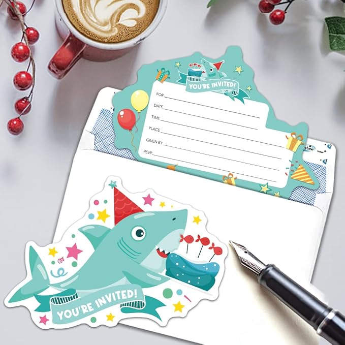 RZHV 15 Pack Blue Shark and Birthday Cake Shaped Fill-In Invitations Cards With Envelopes for Boys & Girls Adults, Funny Baby Shower Party Birthday Party Invite (Baby Shower)