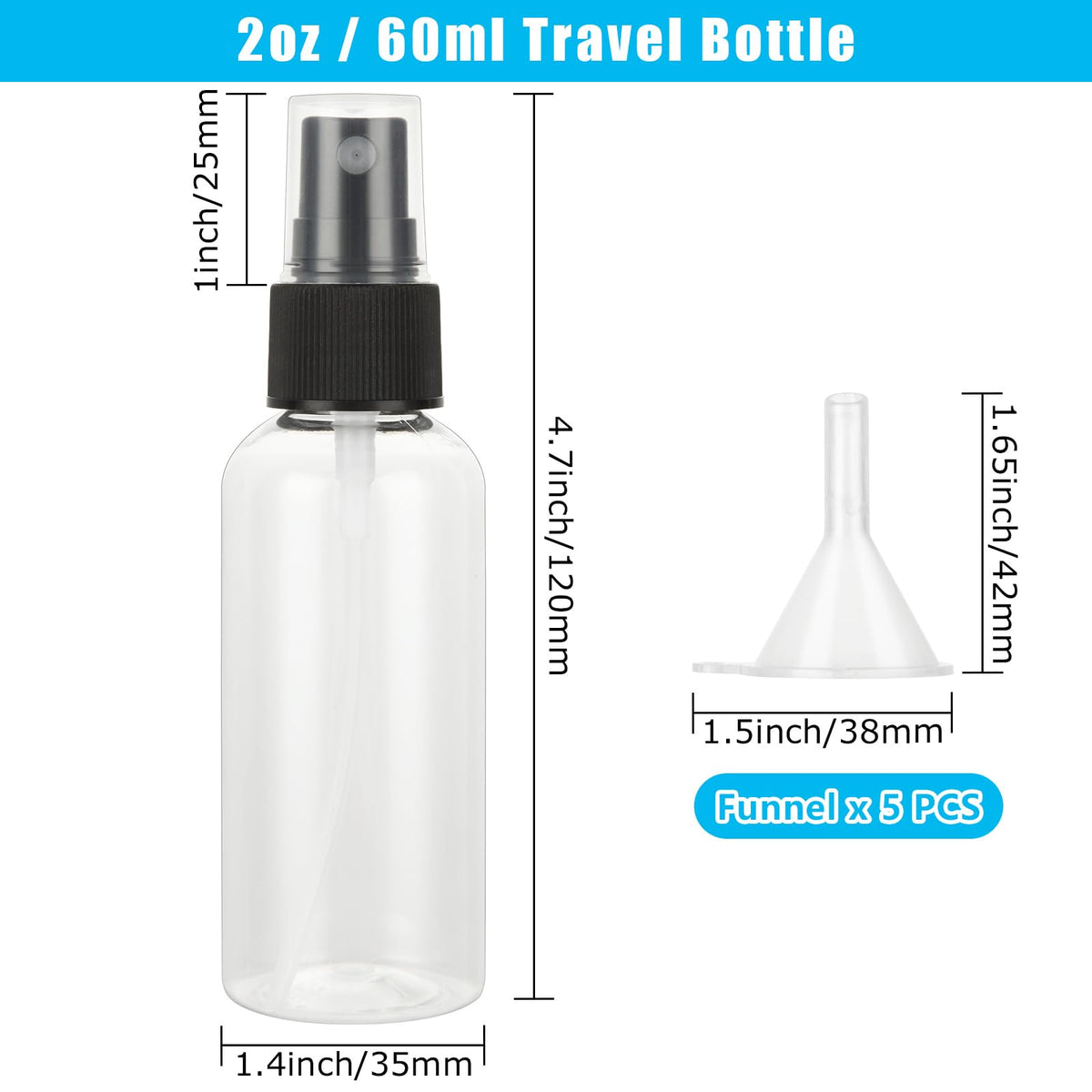 CertBuy 60 Pcs Small Plastic Spray Bottles, 2oz 60ml Empty Fine Mist Spray Bottles, Refillable Liquid Container Sprayer for Essential Oils Perfumes Travel Makeup, with 5 Pcs Funnels