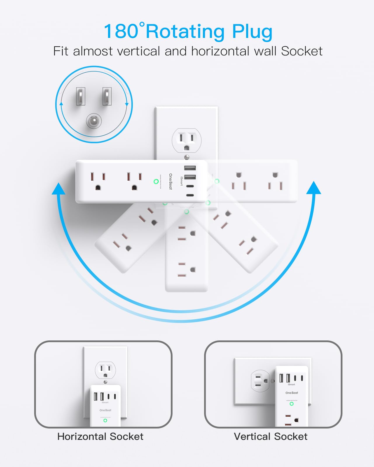 Surge Protector Outlet Extender with Rotating Plug, 6 AC Multi Plug Outlet with 4 USB Ports (3 USB C), 1800 J, 3-Sided Swivel Power Strip with Spaced Outlet Splitter for Dorm Office, White-2 Pack