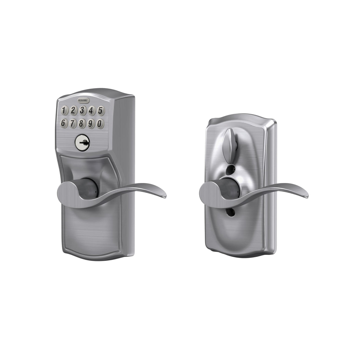 Schlage Camelot Keypad Lock with Lever Handle, Electronic Keyless Door Entry, Flex Lock Auto‑Lock Option, Satin Chrome, FE595 CAM 626 ACC