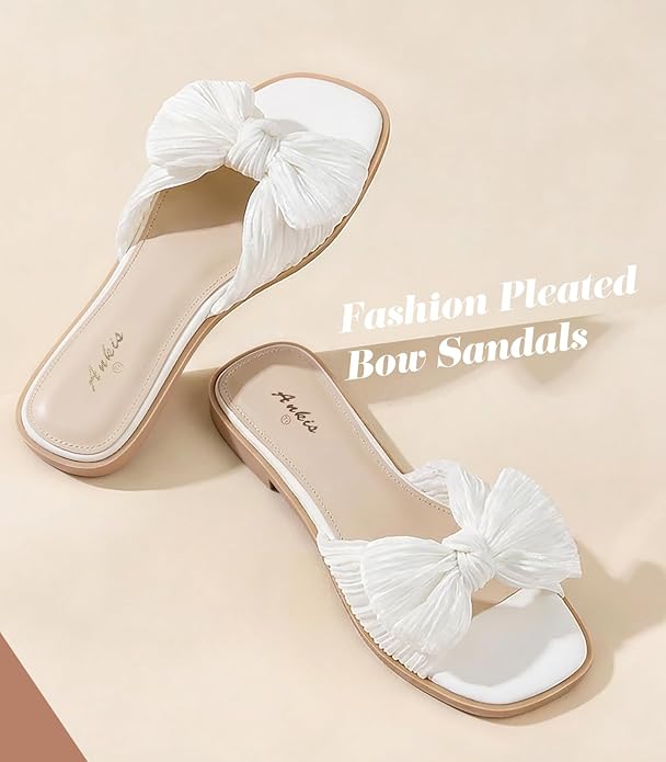 Ankis Womens Pleated Bow Flat Sandals White Gold Sandals for Women 2026 Dressy, Comfortable Open Toe Dress Sandals for Summer Beach Wedding Party Graduation Slip On Slides Sandals