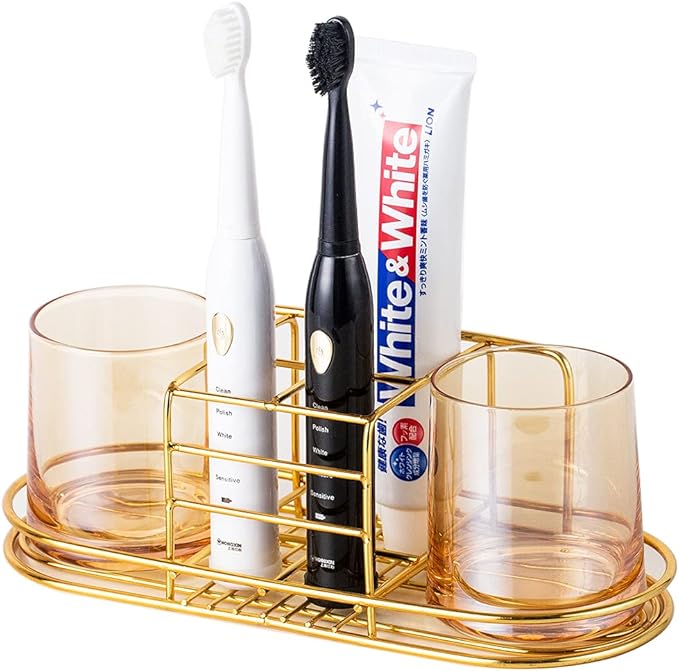 Toothbrush Holder with Cup Holder Electric Toothbrush Toothpaste Holder, Stainless Steel Bathroom Stand or Wall-Mounted Gold