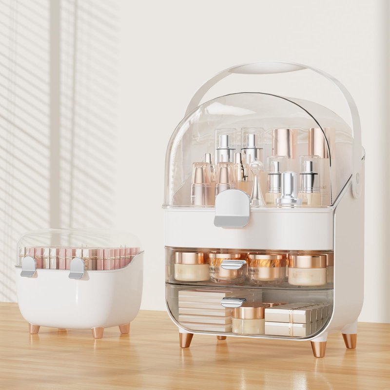 CLBDRESS Makeup Organizer for Vanity with perfume Storage Box, Countertop Skincare Organizer with 2 Drawers, Cosmetic Display Case for Perfumes, Eyeshadow Palettes, Nail Polishes, Silver