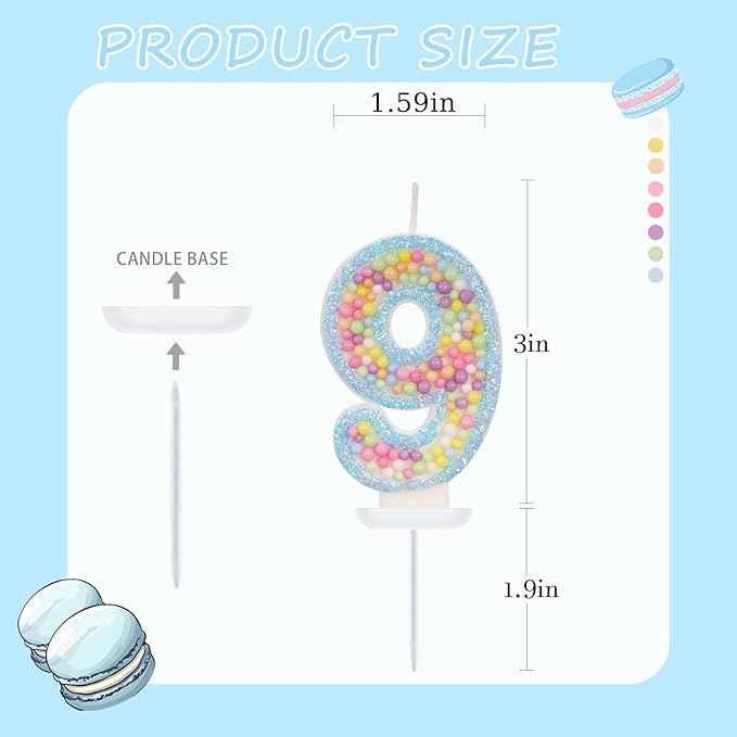 Birthday Candles - Number 9 Candle, Colorful Macaron Candles for Boys/Girls, Blue Cake Decorations, Blue Birthday Decorations, Cartoon Theme Party Supplies