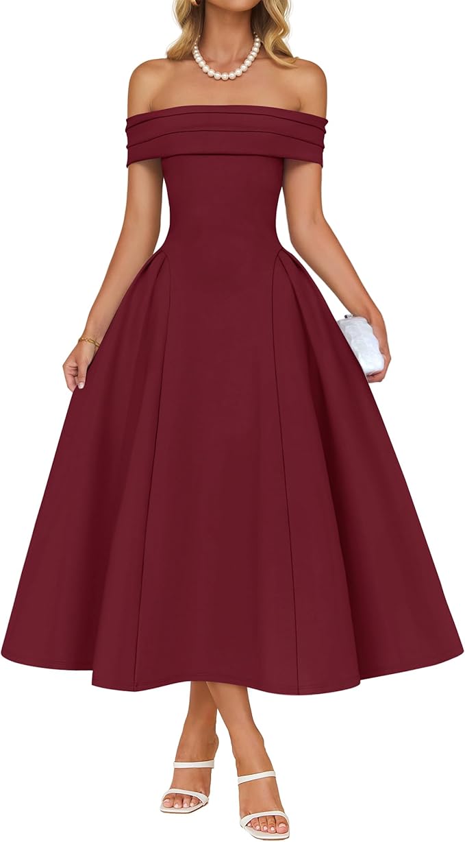 ZESICA Summer 2026 Cocktail Dresses for Women's Off Shoulder Short Sleeve Swing A Line Wedding Evening Party Midi Dress