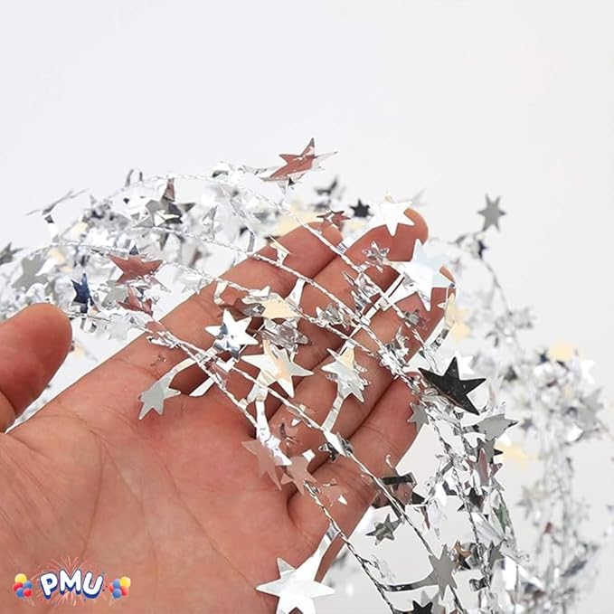 PMU 75 Ft Star Wire Shiny Garland Silver - Halloween, Christmas Party, Wedding, Birthday, Festive Home Decoration Ornament Silver (3pc-25Ft Each)