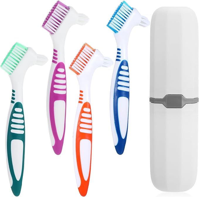 4 Pcs Denture Brush, Portable Denture Toothbrushes with White Carrying Case, Dual Angled False Teeth Care Cleaning Brush with Multi-Layered Soft Bristles (Purple, Green, Blue, Orange)