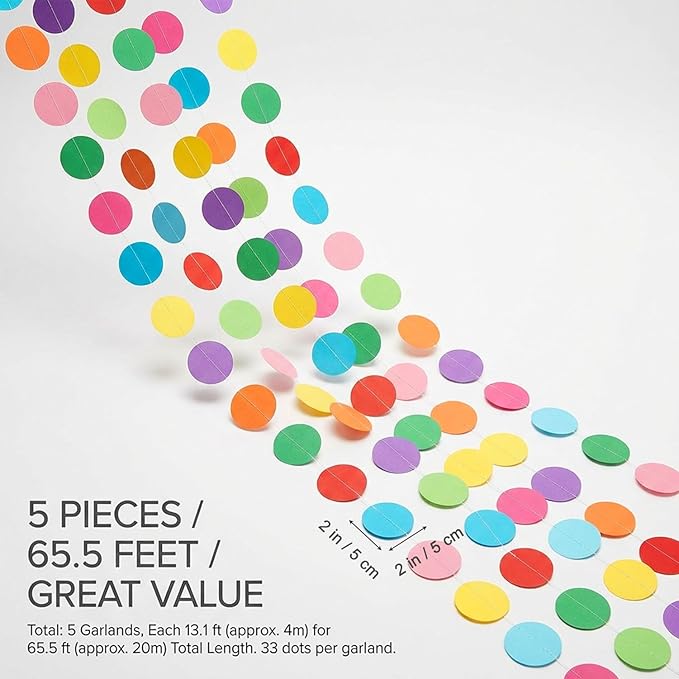 5 Pack Colorful Dots Garland Banner, 65.5 ft Paper Circle Hanging Streamers Rainbow Round Dot Bunting Backdrop for Birthday Classroom Homecoming Wedding Holiday Party Decorations