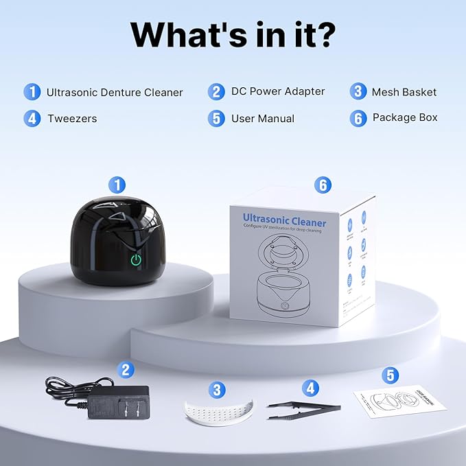 Ultrasonic Retainer Cleaner - UV Dental Cleaning Pod Night Guard Cleaner for Dentures, Aligner, Braces, Toothbrush Heads, Jewelry (Black)