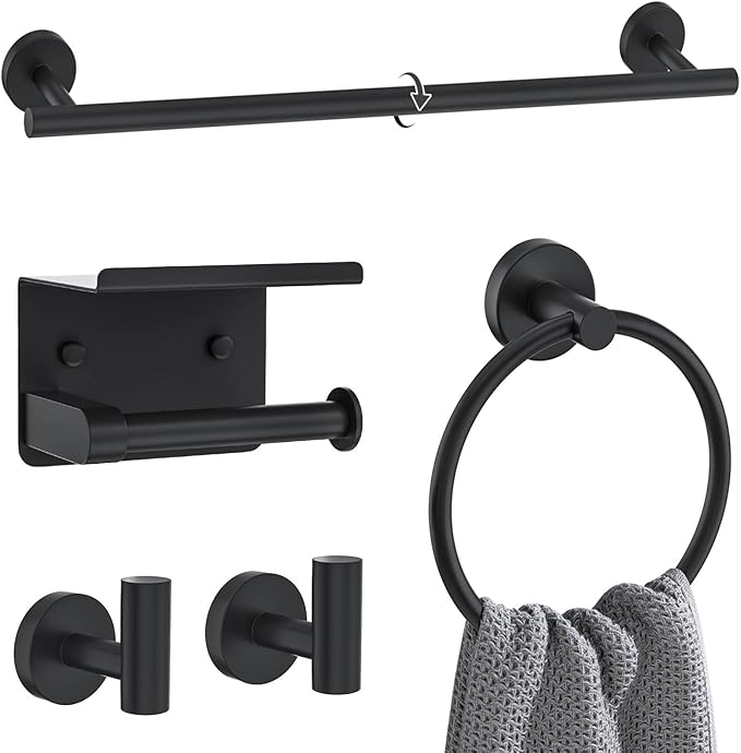 Matte Black Towel Bar Set 5 Pieces Bathroom Hardware Accessories Set Round Towel Holder Set for Bathroom Upgraded Toilet Paper Holder Stainless Steel Wall Mounted Towel Rack Set,23.6 Inch