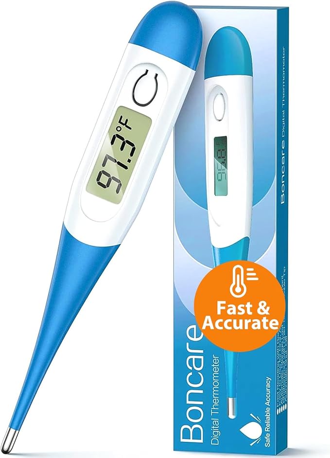 Boncare 10 Seconds Oral Thermometer for Adults and Kids - Accurate & Safe Rectal Digital Thermometer for Baby with Fever Alarm (Light Blue)