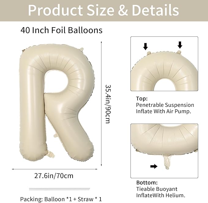 Biapian 40 Inch Letter R Balloons, Giant Cream R Foil Balloon, Big Single Alphabet A-Z Balloons, Beige Large Aluminum R Balloons Helium for Birthday, Baby Shower, Wedding, Anniversary Party Decoration