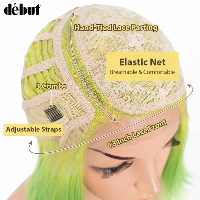 DÉBUT Lace Front Bob Wigs Ombre Neon Green Side Part Lace with Hand-Tied Lace Front Short Bob Synthetic Wig for Women Lemon Green Color