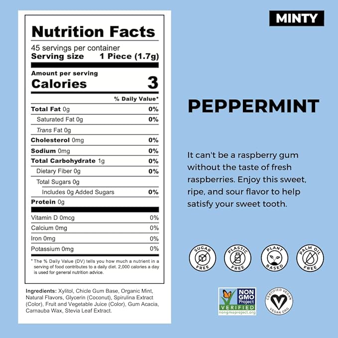 Refresh Gum, Xylitol, Natural, Sugar Free, Plastic Free, Natural Flavors & Organic Ingredients, Plant-Based, Low Calorie, Non GMO, Gluten Free, Vegan, Peppermint, 12 Pcs, 12 Pck