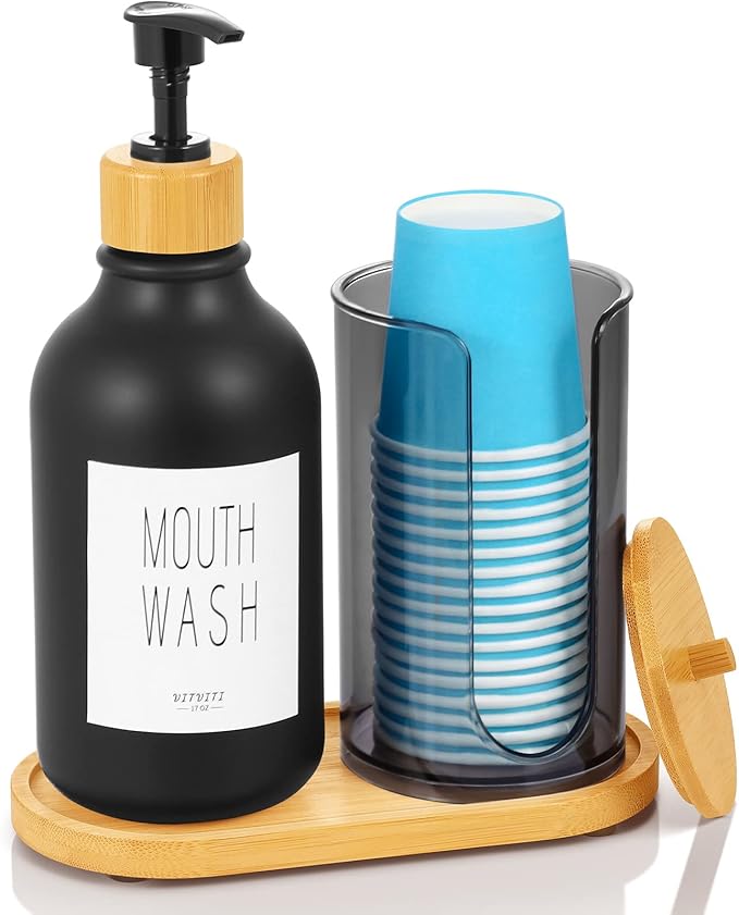 VITVITI Mouthwash Dispenser for Bathroom, Mouth Wash Pump Bottle with Paper Cup Holder, 17Oz Refillable Black Mouthwash Container with Bamboo Lid/Tray/Label