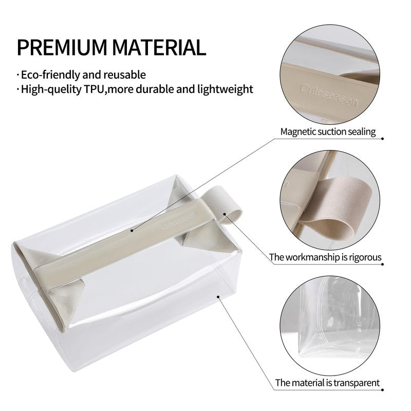 Cuteseason Clear Toiletry Bag with Magnetic Closure, 0.7mm Thick Structured TPU Travel Organizer, Transparent Pouch for Toiletries, Makeup and Daily Essentials, Modern Color Trim (White Trim)
