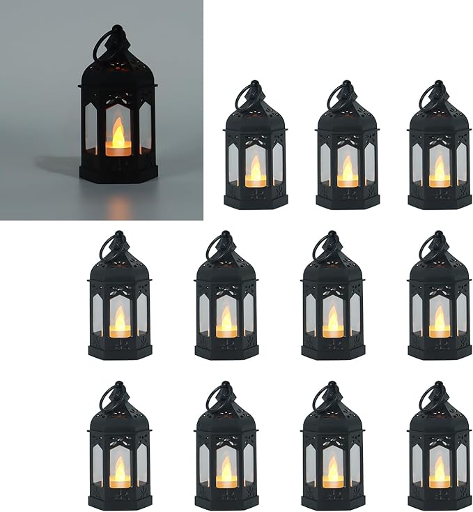 LLQ 12Pcs Mini Lanterns with Flicker LED Candle, Lanterns Decorative Indoor, Lantern Centerpieces for Tables, Vintage Decorative Lantern for Party Ramadan Halloween Christmas Wedding Decorations