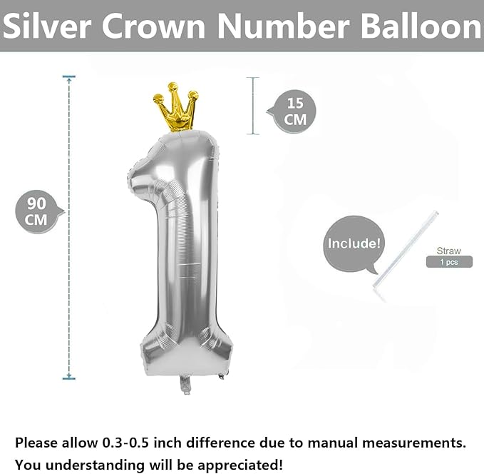 Silver Number 1 Balloon with Crown, 40 inch Silver Balloons Crown Balloon 0-9 for 1st Birthday Party Anniversary Decoration Supplies