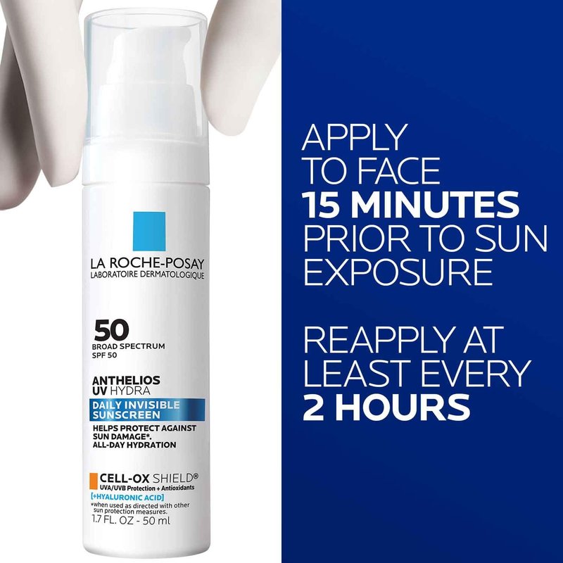 La Roche Posay Anthelios UV Hydra Sunscreen SPF 50, Daily Hydrating Sunscreen for Face with Hyaluronic Acid and Vitamin E, Broad Spectrum Invisible SPF Protection, Anti Aging, Fragrance Free