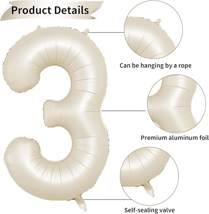 40 Inch Cream Number 3 Balloon, Beige Large 3rd Birthday Balloons, Digital 3 Cream White Giant 3 Foil Balloon Helium for Boys Girls 3rd Birthday Decorations Anniversary Baby Shower Party Supplies