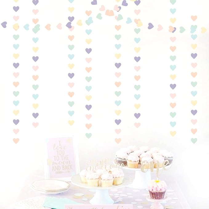 Pastel Rainbow Birthday Party-Decorations Streamers - 52FT Yellow Blue Mint Pink Purple Hanging Heart Garland Banner,Valentines Baby Bridal Shower Bachelorette Engagement Backdrop Decor Hugtmr