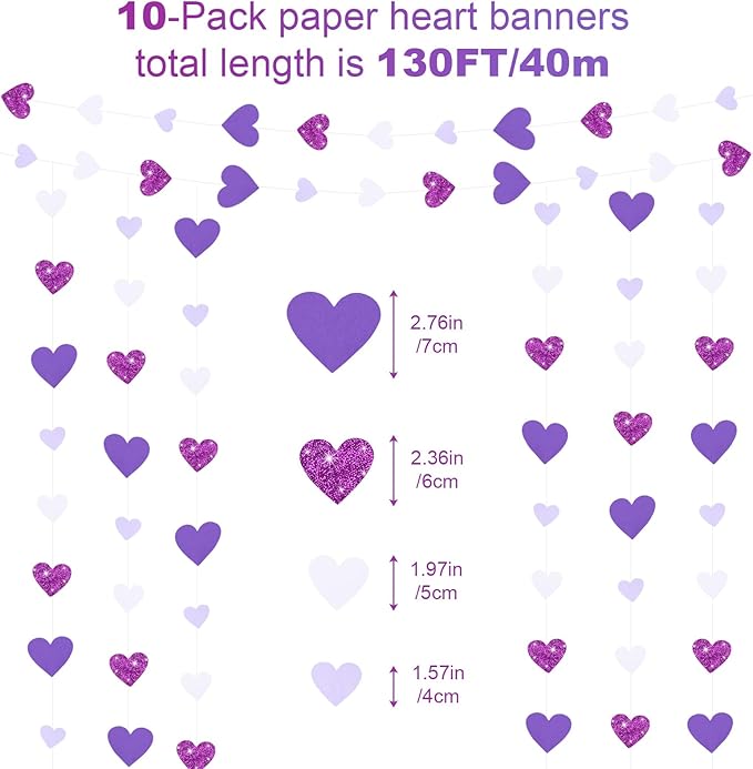 10 Pack 130ft Purple Lavender White Holographic Heart Party Garland Asymmetrical Love Hanging Banners for Birthday Wedding Baby Bridal Shower Engagement Bachelorette Graduation Decorations