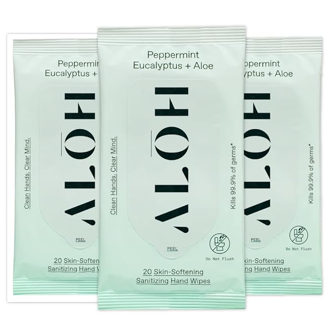 ALŌH Peppermint Eucalyptus + Aloe Sanitizing Hand Wipes - Clean Hands, Clear Mind On The Go Sanitizer for Kids and Adults - Travel Size 3 Pack 20ct Wipes (60 Wipes)