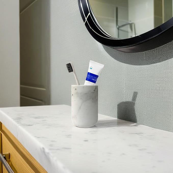 Natural Marble Toothbrush Holder for Bathroom Countertop Toothbrush Makeup Brush Holder for Bathroom,Toothpaste Organizer,Razor Stand,Anti-Slip Rubber Pad (NS036) (Column)