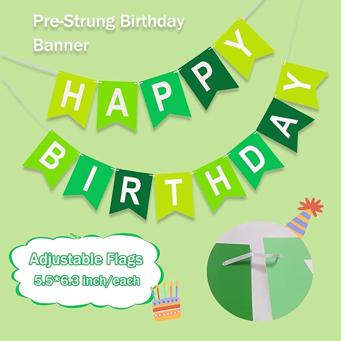 Happy Birthday Banner, Green Colors Birthday Party Banner Assembled Garland Bunting Flags Women Men Girl Boy Party Hanging Decorations Indoor/Outdoor Supplies