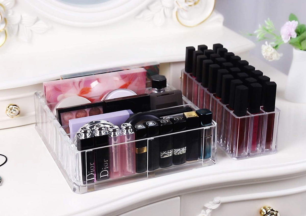FAJ Eyeshadow Palette Lipgloss Organizers, Acrylic Makeup Holder for Vanity, Drawer Storage, Cosmetics Pallets Countertop Clear Storage (27 spaces)