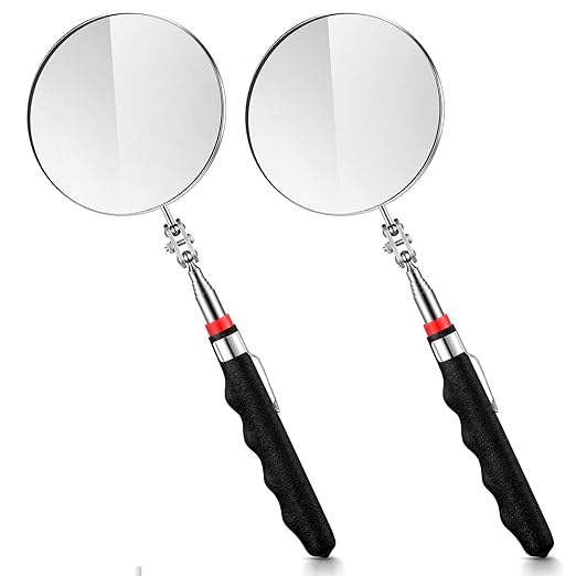 2 Pcs Telescoping Inspection Mirrors, Mechanics Mirror Tool with Long Handle, Round Extendable Mirror on a Stick for Technicians Mechanics Contractors Checking Observation(85mm,Black)