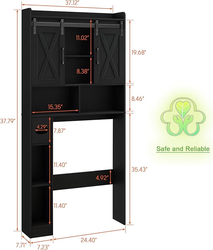 Vabches Over The Toilet Storage Cabinet, Farmhouse Storage Cabinet Over Toilet with Sliding Doors & Toilet Paper Holder Stand，Home Space-Saving Toilet Rack, for Bathroom, Laundry and Restroom.Black