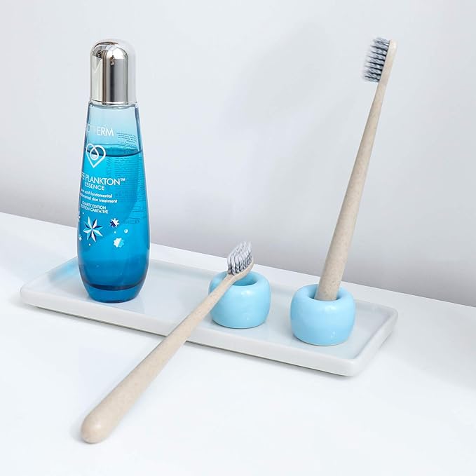 AirMoon Mini Ceramic Toothbrush Holder for Bathroom - Blue Small Countertop Organizer, Easy Clean Toothbrush Stand, Suit for Electric Toothbrush Head, Pens & Coffee Spoon, Pack of 2
