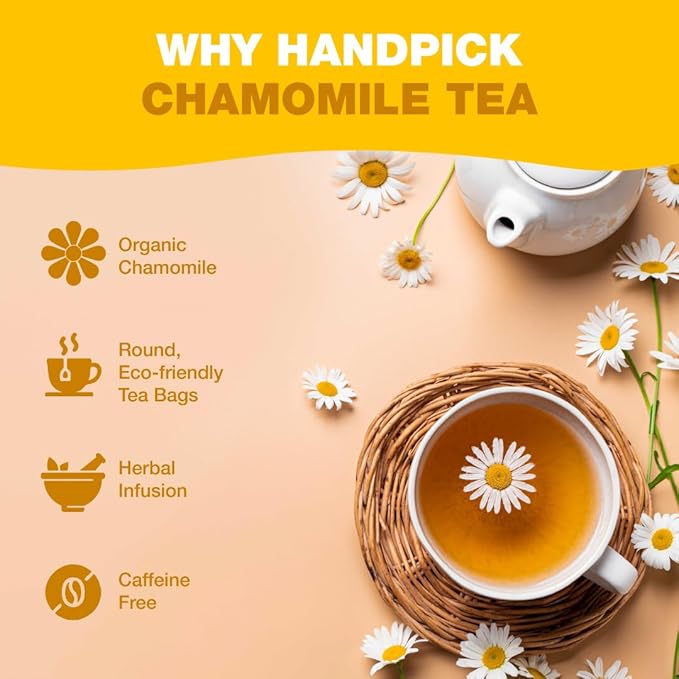 HANDPICK, Organic Chamomile Tea Bags (100 Herbal Tea Bags) Caffeine Free| Premium Floral Chamomile Herbal Tea in Eco-Conscious Teabags | Direct from Source