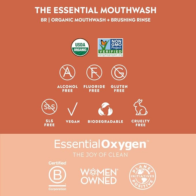 Essential Oxygen, Certified Organic Brushing Rinse, Cinnamint, 16 fl oz, All Natural Mouthwash for Whiter Teeth, Fresher Breath, and Happier Gums, Dentist Recommended, Alcohol-Free, BR (Pack of 1)
